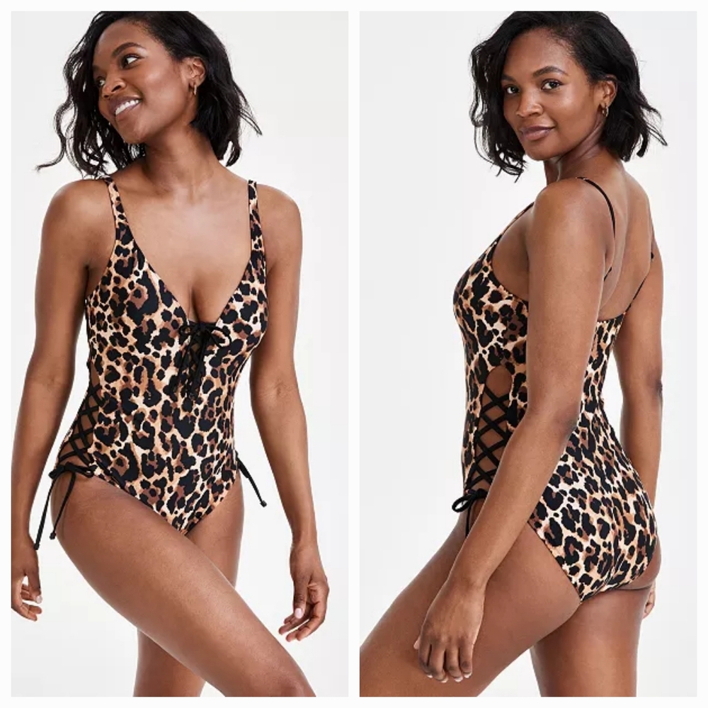 New Women's Lace-Up Cheetah Print Swimsuit By Bar III. Size S